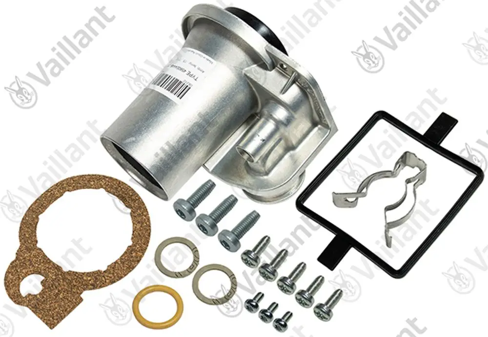 Vaillant Venturidüse mit Montageset, einschließlich Dichtungen, Schrauben und Halterung, zur Verwendung in Heizungsanlagen.